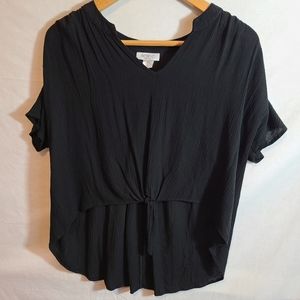 Accent Front Knot Vneck Highlow Black Blouse